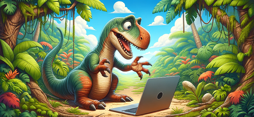 Illustrative cartoon of a friendly T-Rex engaging with a laptop in a jungle, symbolizing ARK server hosting with vibrant prehistoric themes.